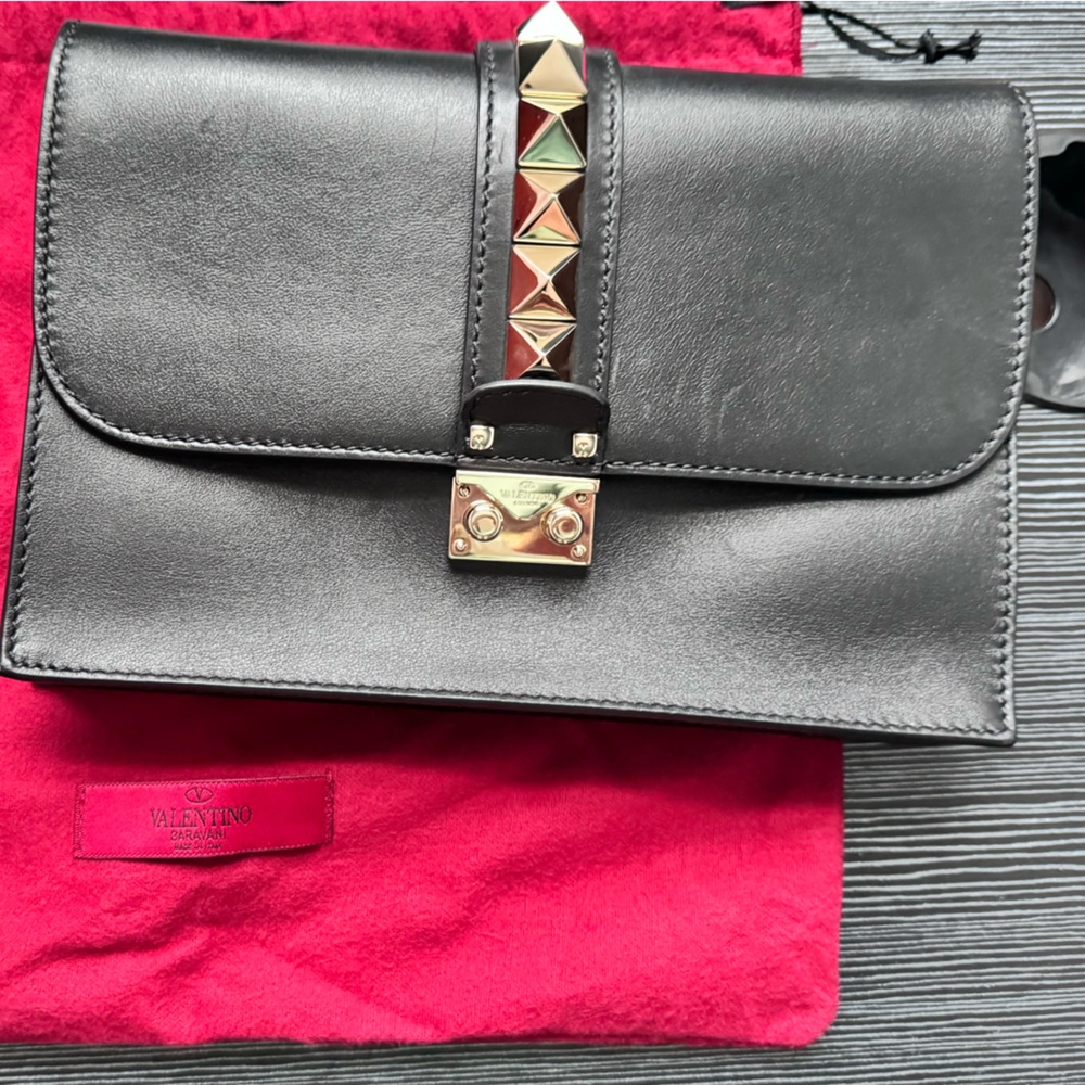 Valentino Leather Flap Clutch with gold studs